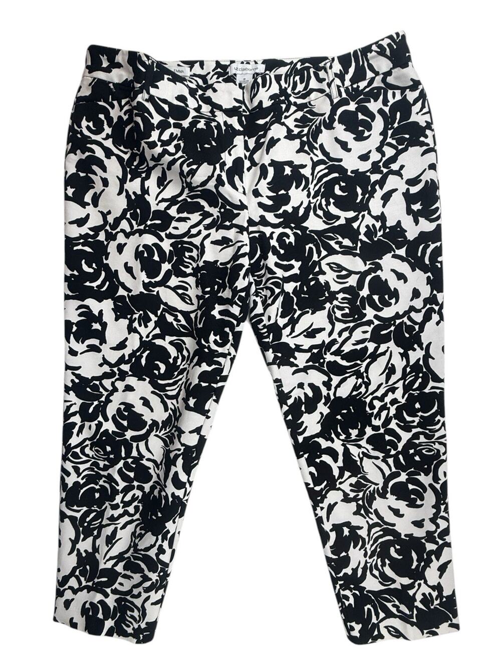 Liz Claiborne Emma Pants Size 18 Black White Floral Preppy Career Ankle Trousers